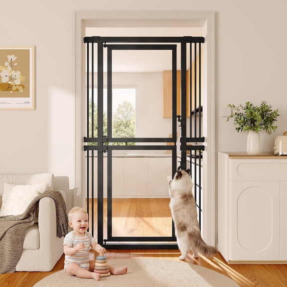 Honfach 73.6" Extra Tall Cat Gate, 29.5-40.6" Adjustable Clear Acrylic Pet Gate with Auto Close Door, Pressure Mounted for Doorways and Stairs, Black