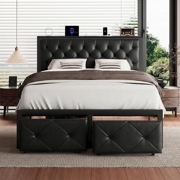 Honfach Full Bed Frame with Storage Drawers, PU Leather Upholstered Platform Bed Frame with Charging Station, No Box Spring Needed, Heavy-Duty Metal Slats Support, Noise-Free, Easy Assembly, Black