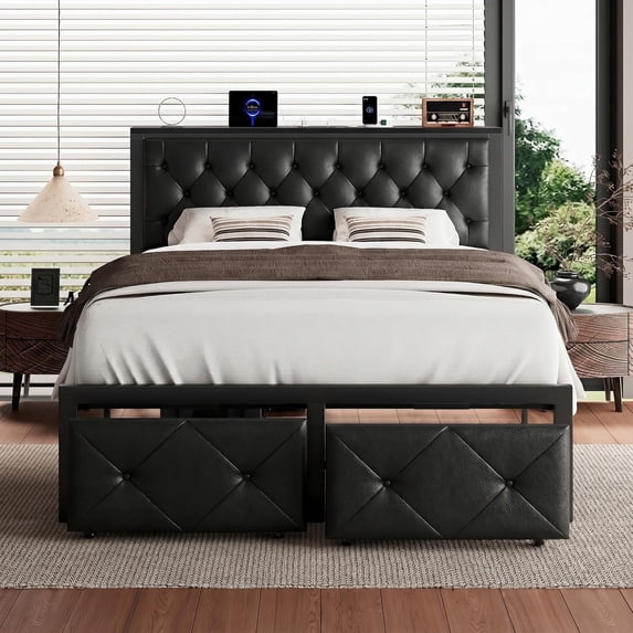 Honfach Full Bed Frame with Storage Drawers, PU Leather Upholstered Platform Bed Frame with Charging Station, No Box Spring Needed, Heavy-Duty Metal Slats Support, Noise-Free, Easy Assembly, Black