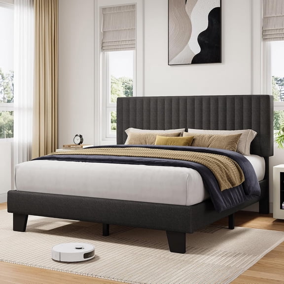 Honfach Full Size Bed Frame, Upholstered Platform Bed with Velvet Headboard, Wide Bed Legs and Strong Wood Slats Support,Dark Grey