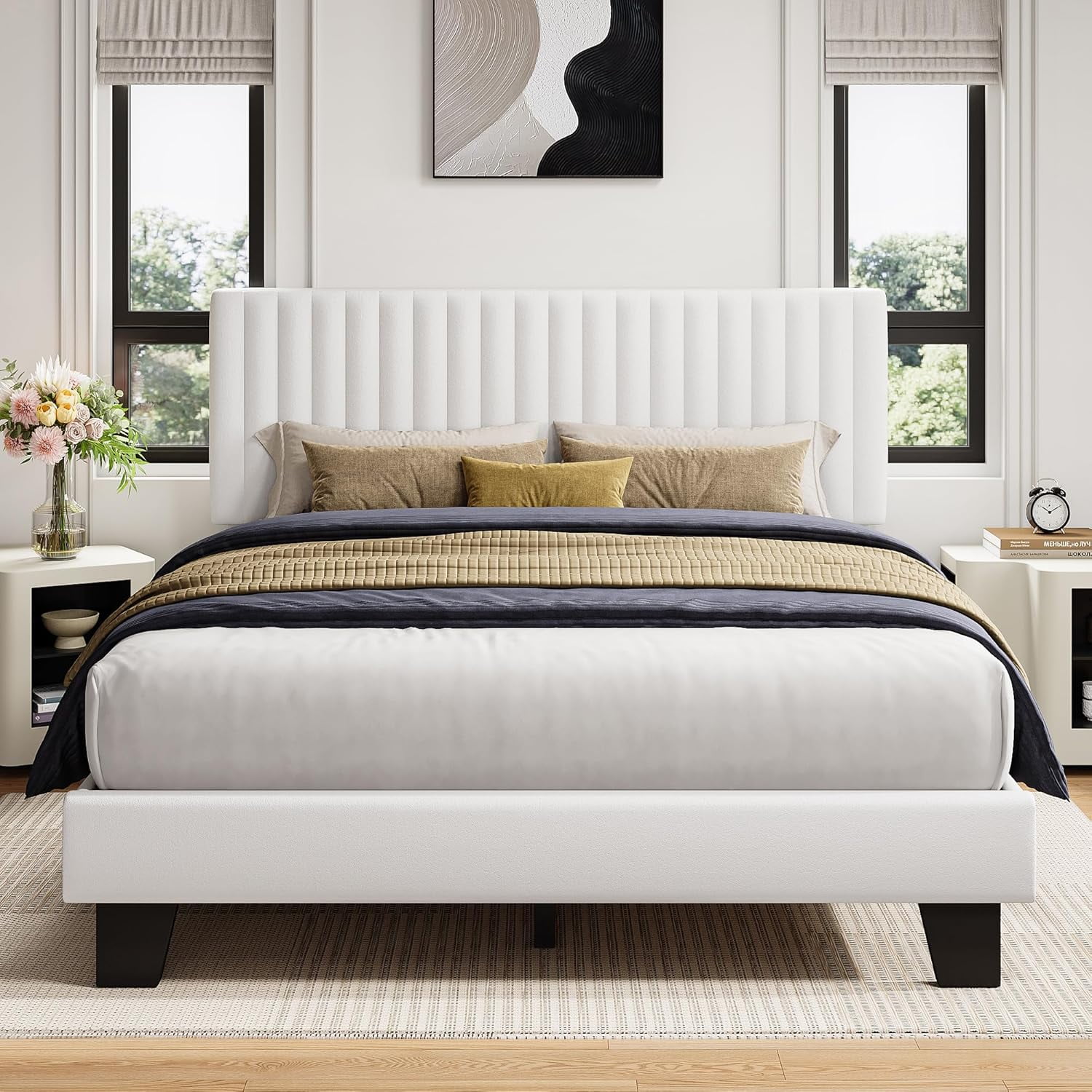 Honfach Full Size Bed Frame, Upholstered Platform Bed with Velvet Headboard, Wide Bed Legs and Strong Wood Slats Support, White