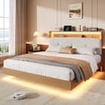 thumbnail image 1 of Honfach King Size Bed Frame with 2-Tier Storage Velvet Fabric Upholstered Headboard, Wooden Platform Bed Frame w/Charging Station & LED Lights,Walnut, 1 of 9