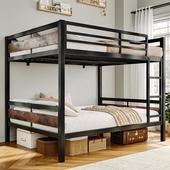 Honfach Metal Bunk Bed Full Over Full, Heavy Duty Metal Bed with Ladder and High Guardrail, Under-Bed Storage Space, No Box Spring Needed, Noise Free,Rustic Brown