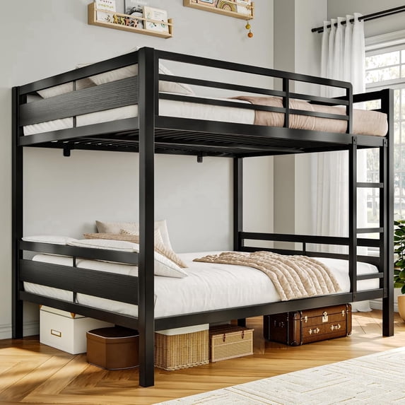 Honfach Metal Bunk Bed Full Over Full, Heavy Duty Metal Bed with Ladder and High Guardrail, Under-Bed Storage Space, No Box Spring Needed, Noise Free,Black