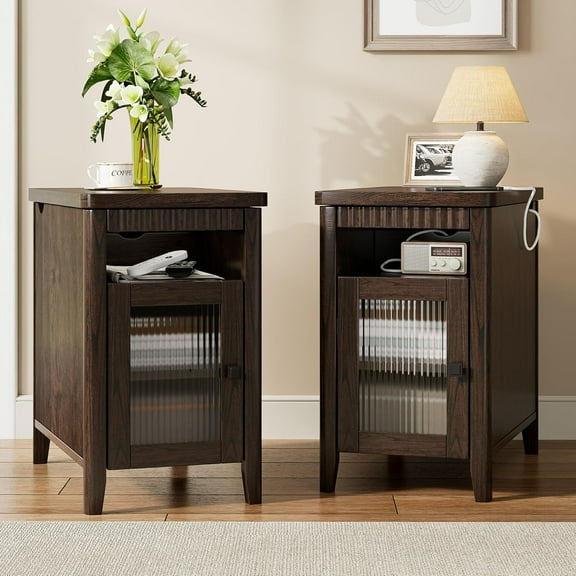 Honfach Night Stand Set of 2 with Charging Station, Fluted Glass Door Side Table with Rear Storage and Sliding Top, Large Storage End Table for Bedroom, Brown