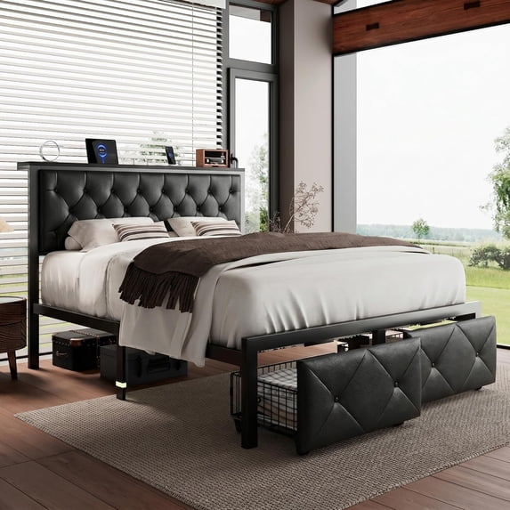 Honfach Queen Bed Frame with Storage Drawers, PU Leather Upholstered Platform Bed Frame with Charging Station, No Box Spring Needed, Heavy-Duty Metal Slats Support, Noise-Free, Easy Assembly, Black