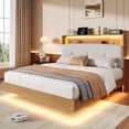 thumbnail image 1 of Honfach Queen Size Bed Frame with 2-Tier Storage Velvet Fabric Upholstered Headboard, Wooden Platform Bed Frame w/Charging Station & LED Lights,Walnut, 1 of 9