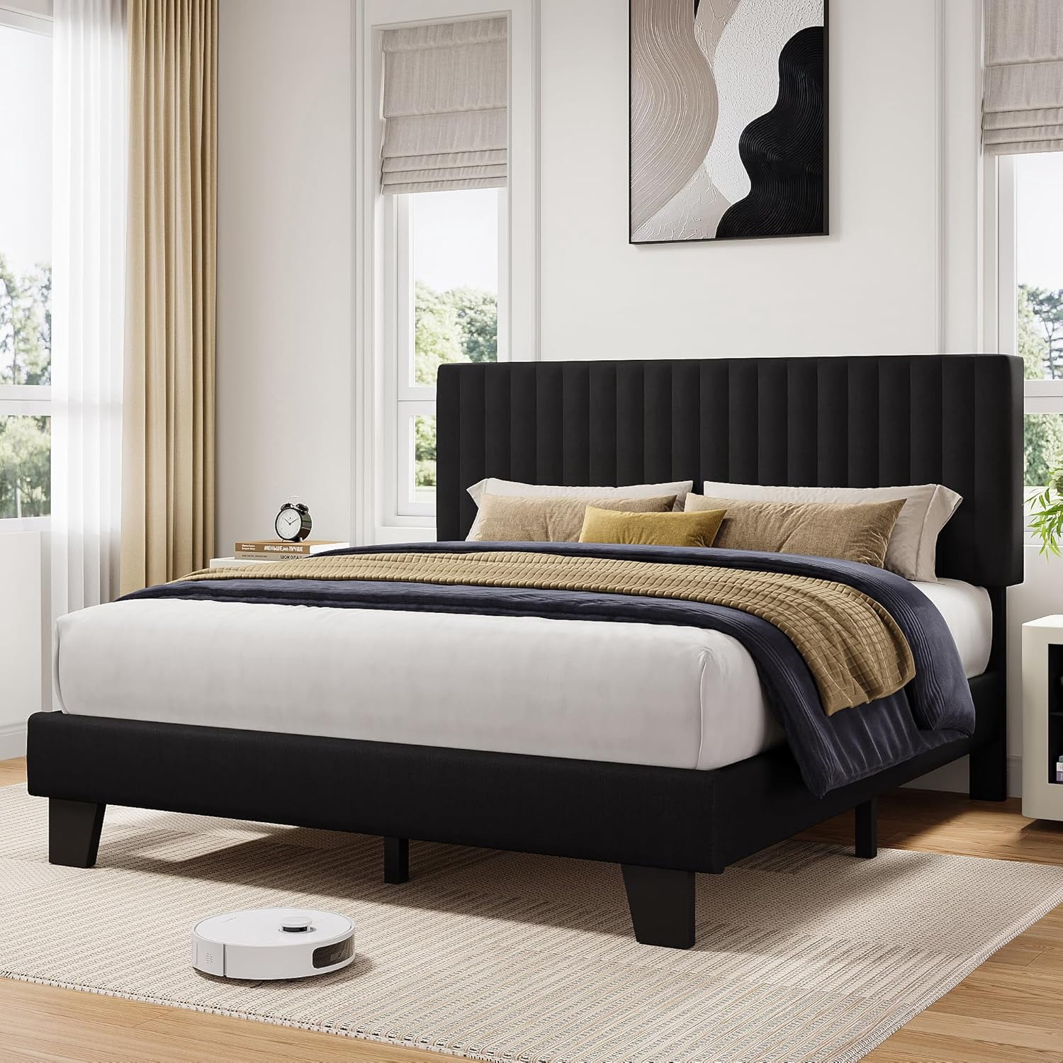 Honfach Queen Size Bed Frame, Upholstered Platform Bed with Velvet Headboard, Wide Bed Legs and Strong Wood Slats Support,Black
