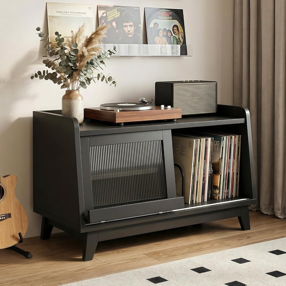 Honfach Record Player Stand with Vinyl Storage Up to 300 Albums, Record Player Table with Sliding Doors, Charging Station, Adjustable Shelf, Turntable Stand for Living Room, Black