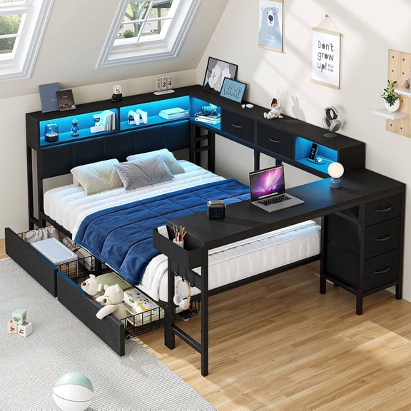 Honfach Twin Corner Bed Frame with Desk,Charging Station and Bookcase Storage, Tufted Headboard twin Daybed with Storage Drawers and Led Lights, Metal Platform Bed Frame, Black