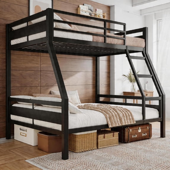Honfach Twin Over Full Metal Bunk Bed, Heavy Duty Frame with Ladder & Full Guardrail, Noise-Free, Large Underbed Storage, No Box Spring Needed,Black