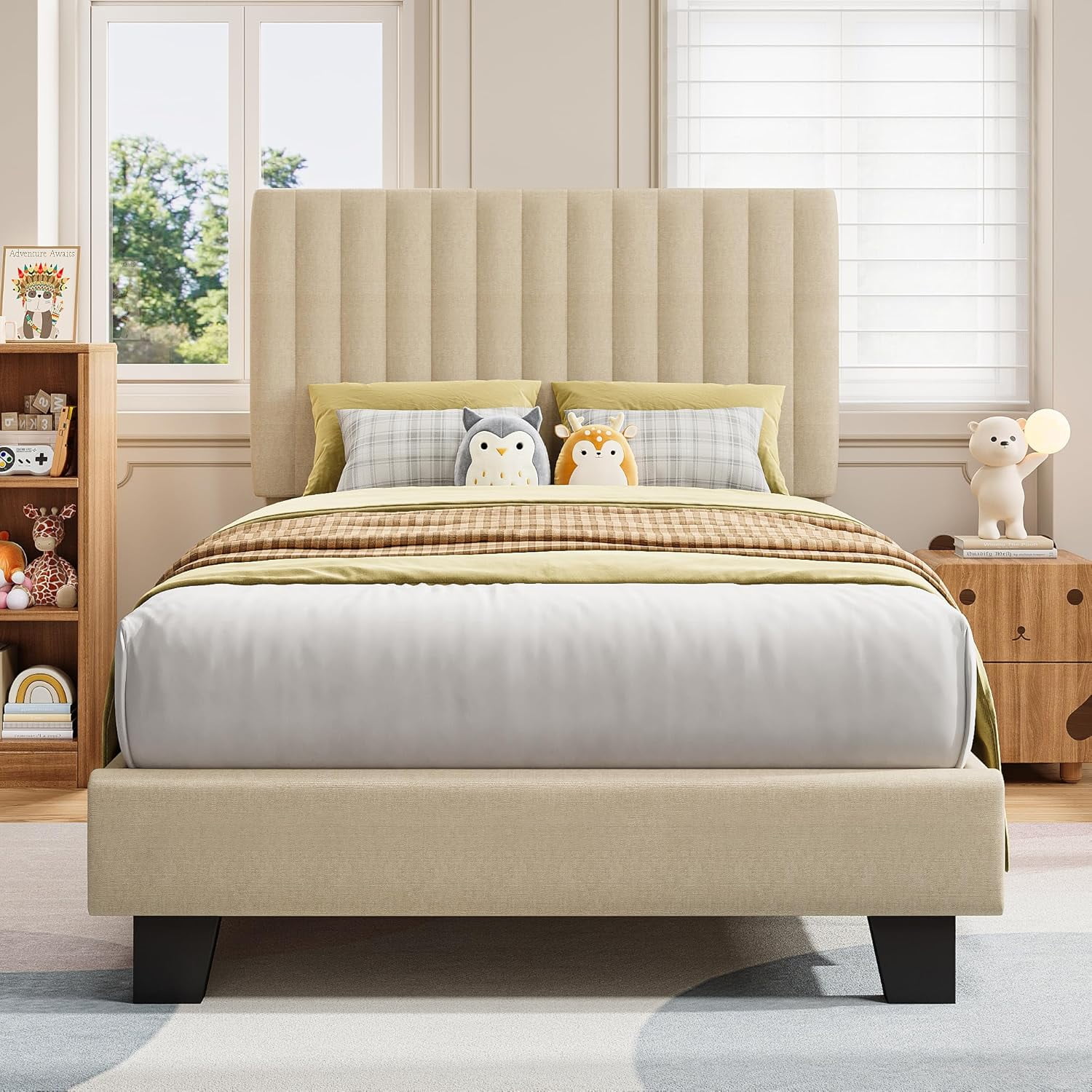 Honfach Twin Size Bed Frame, Upholstered Platform Bed with Velvet Headboard, Wide Bed Legs and Strong Wood Slats Support,Beige