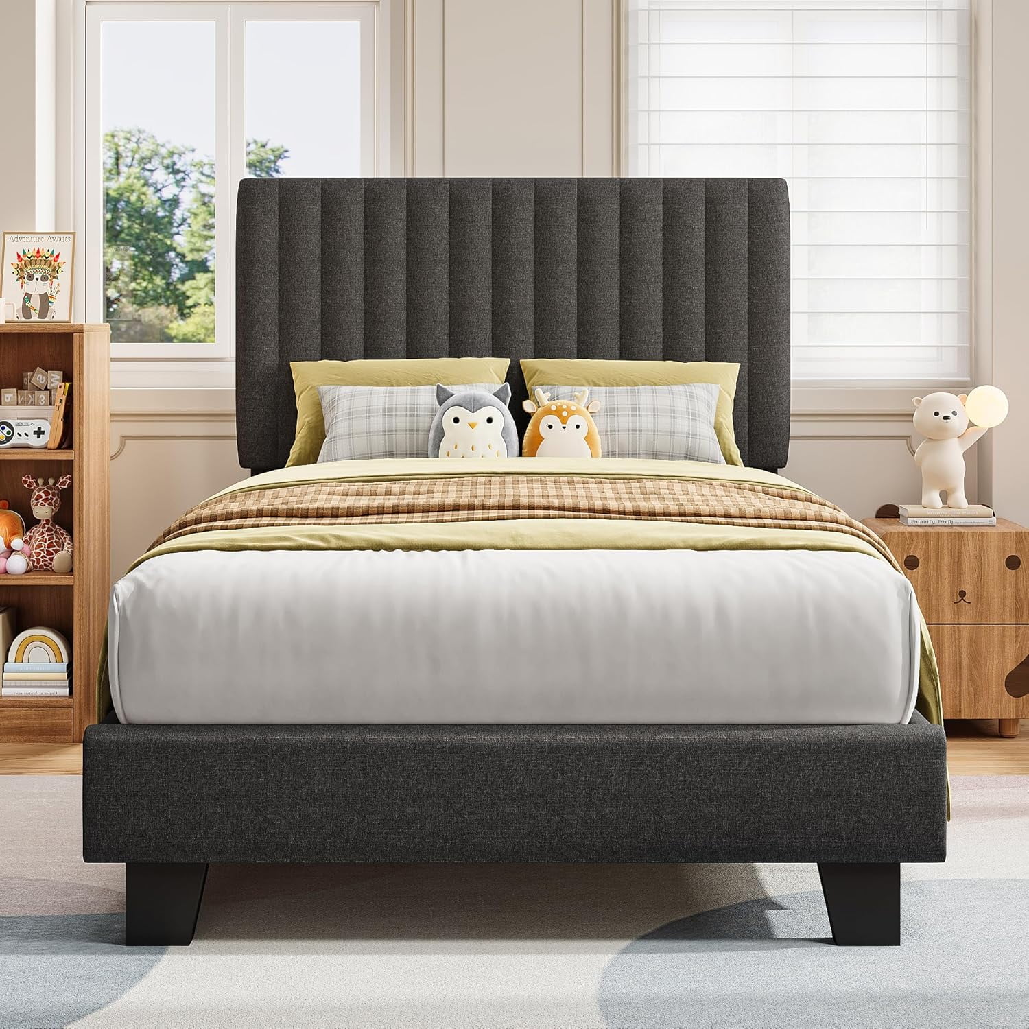Honfach Twin Size Bed Frame, Upholstered Platform Bed with Velvet Headboard, Wide Bed Legs and Strong Wood Slats Support,Dark Grey