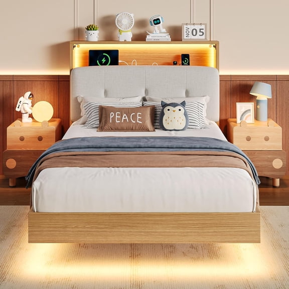 Honfach Twin Size Bed Frame with 2-Tier Storage Velvet Fabric Upholstered Headboard, Wooden Platform Bed Frame w/Charging Station & LED Lights,Walnut