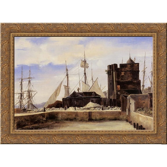 Honfleur ' The Old Wharf 24x19 Gold Ornate Wood Framed Canvas Art by Corot, Jean Baptiste Camille