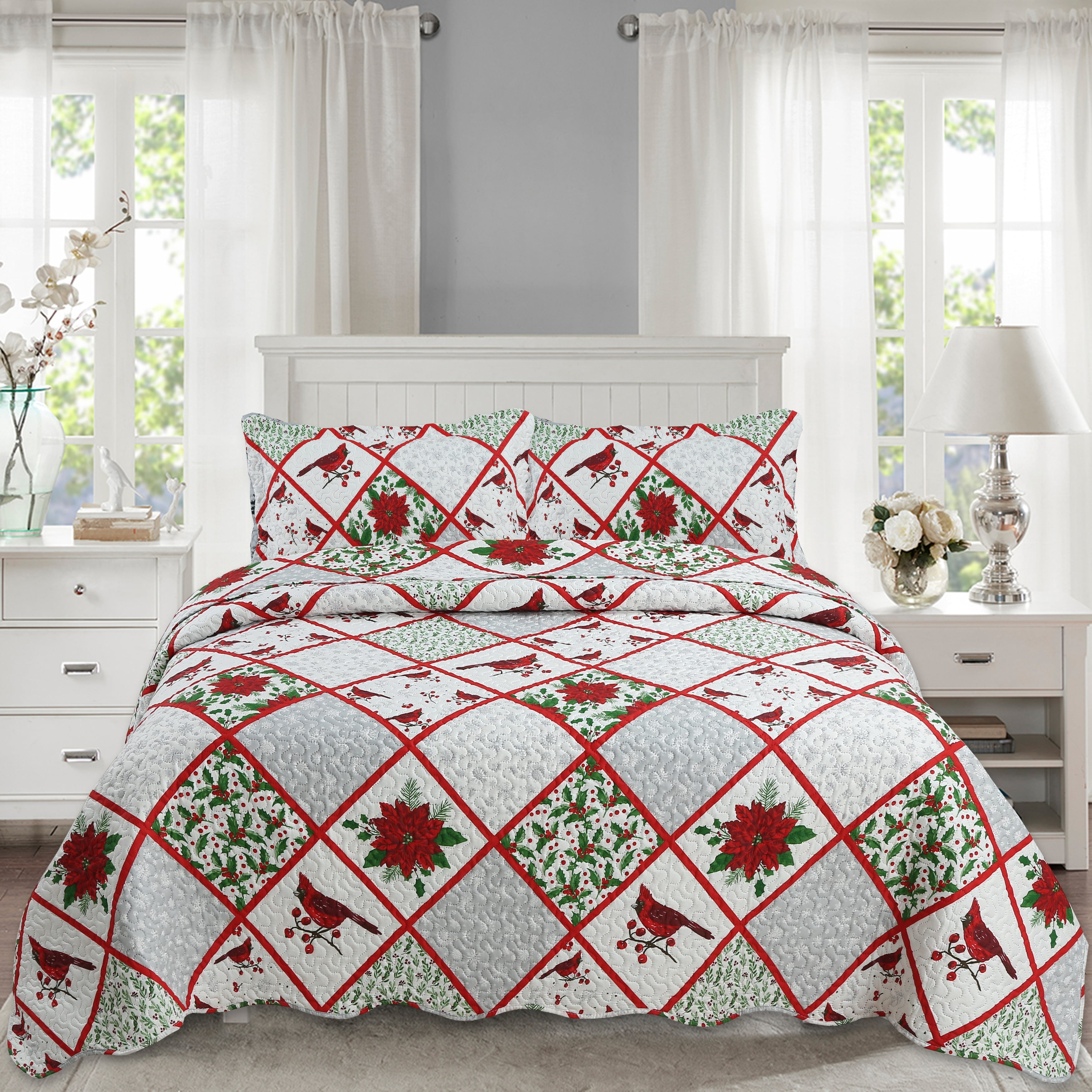 Red and White Microfiber Twin Reversible Christmas Bedspread Set