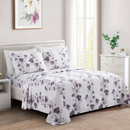 Hong and Arts Inc. Marina Decoration Soft Silky Deep Pocket Rich Printed Rayon from Bamboo All Season Sheet Set, Purple Carnation Floral Purple, White