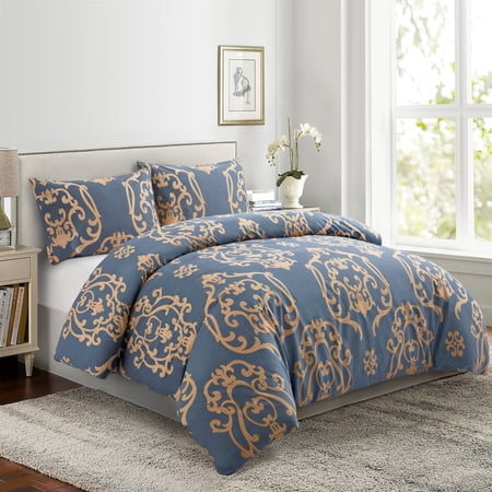 Hong and Arts Inc. Printed Ultra Soft Rayon from Bamboo All Season Duvet Cover Set with Corner Tie and Hidden Zipper, Gold Damask Navy Blue Navy Blue,