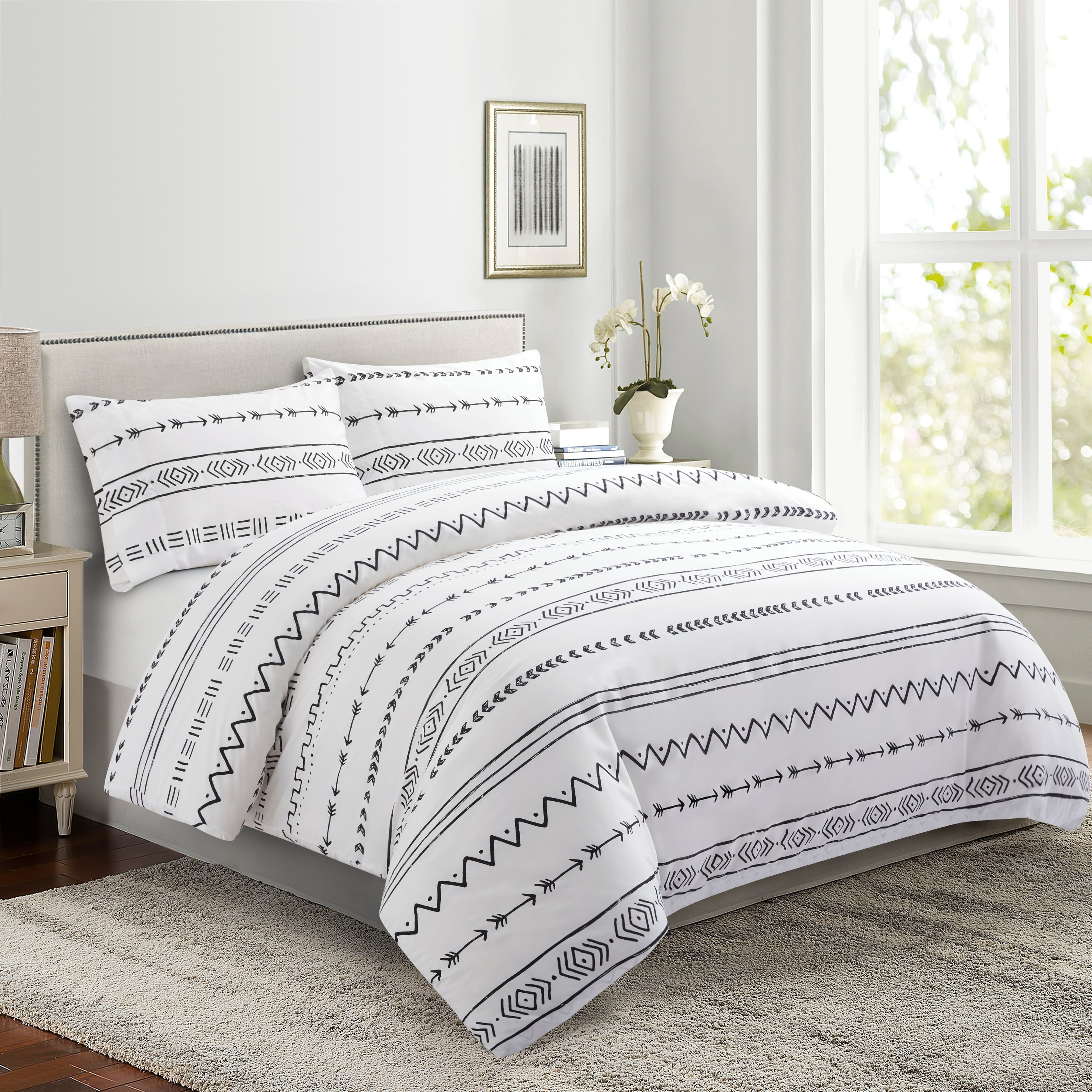Twin White and Black Geometric Pattern Duvet Cover Set
