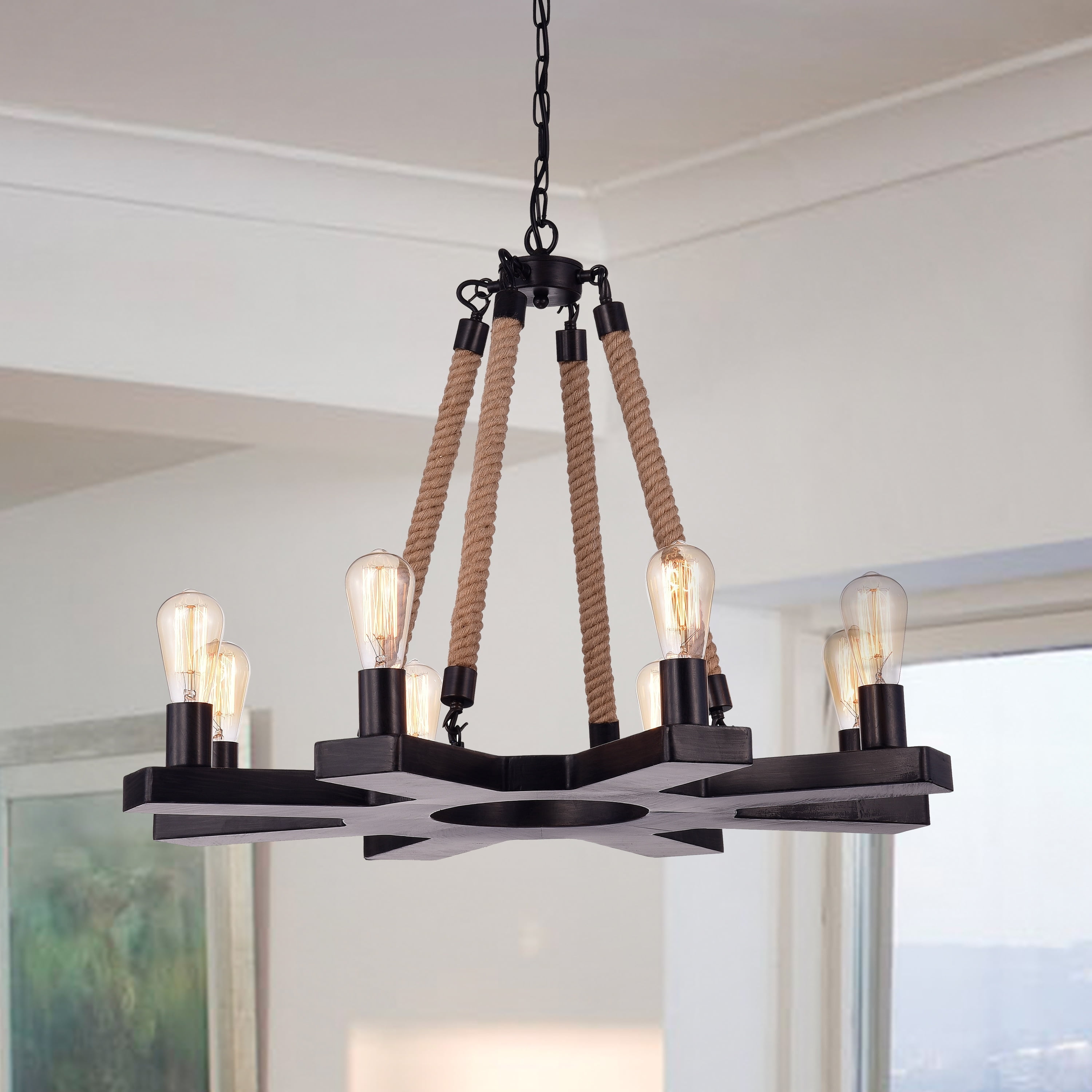 Brownish Black 30" Wood 8-Light Candle Style Chandelier
