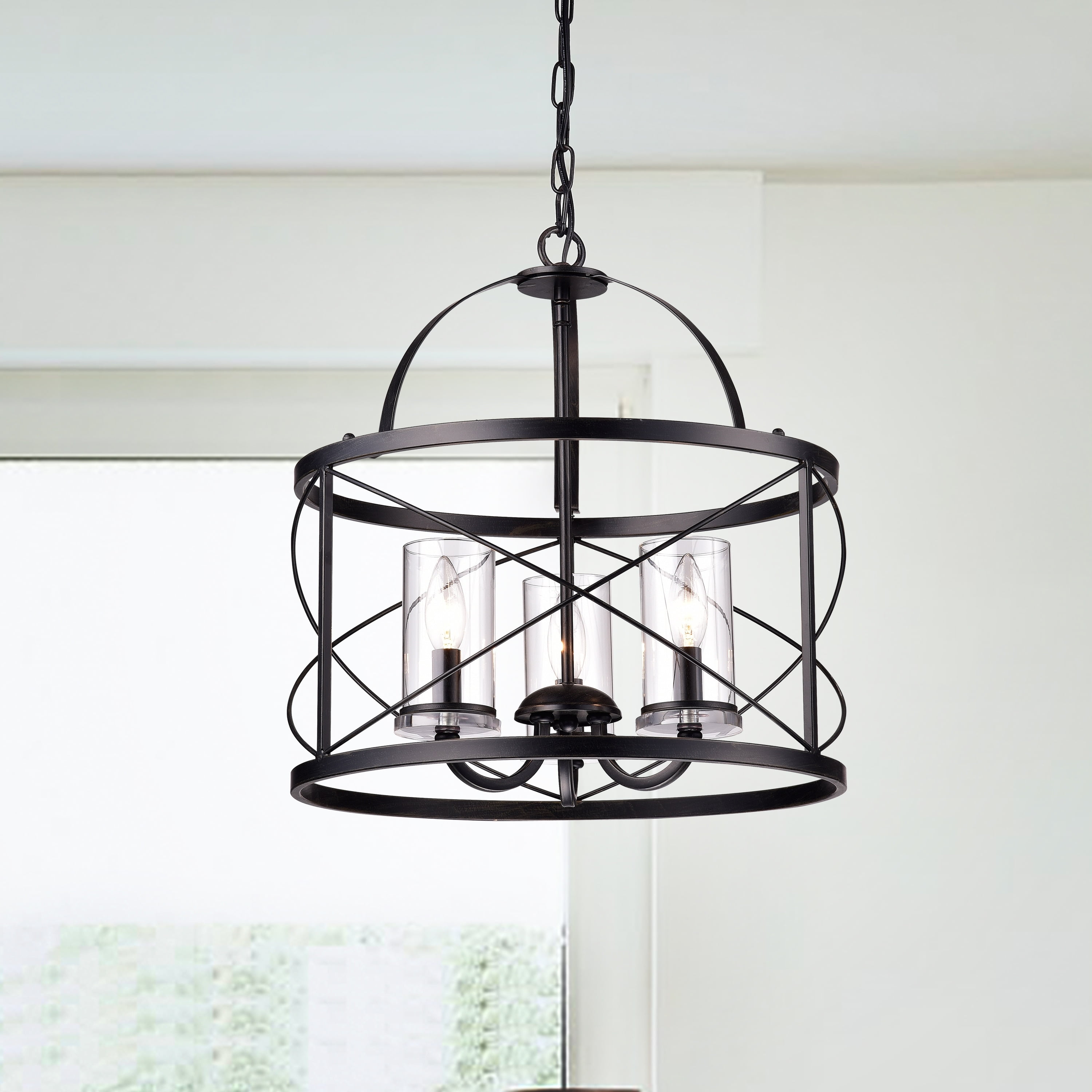 Black Lantern Style 3-Light Chandelier with Glass Shades
