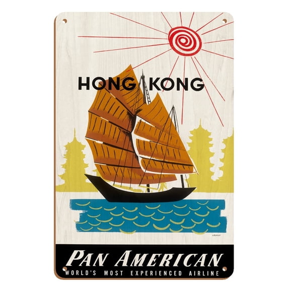 Hong Kong - Chinese Junk Ship and Pagoda Temples - Vintage Airline Travel Poster by Aaron Amspoker c.1960 - 8 x 12 inch Vintage Wood Art Sign