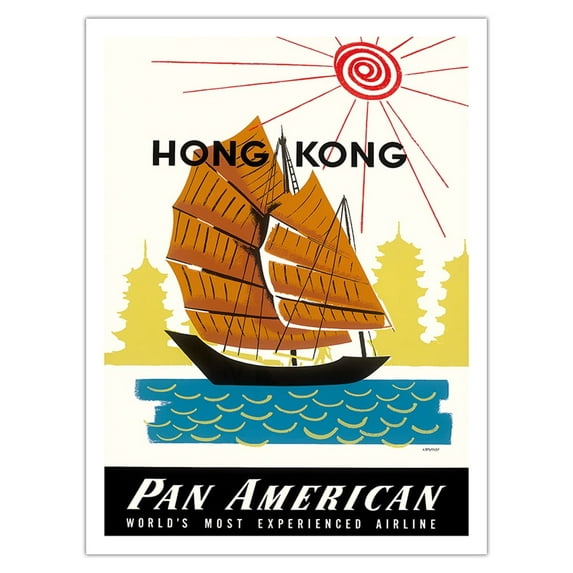 Hong Kong - Chinese Junk Ship and Pagoda Temples - Vintage Airline Travel Poster by Aaron Amspoker c.1960 - Fine Art Matte Paper Print (Unframed) 24x32in