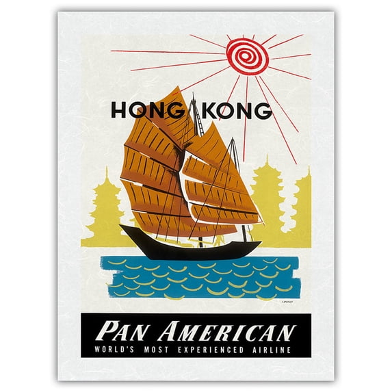 Hong Kong - Chinese Junk Ship and Pagoda Temples - Pan American World Airways - Vintage Airline Travel Poster by Aaron Amspoker c.1960 - Japanese Unryu Rice Paper Art Print (Unframed) 18 x 24 in