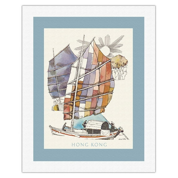 Hong Kong - Chinese Sampan Boat - Vintage Airline Travel Poster by David Klein c.1960s - Fine Art Rolled Canvas Print 20in x 26in
