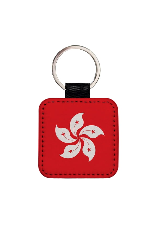 Hong Kong Country Flag Faux Leather Square Keychain