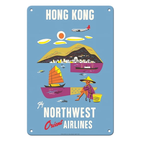 Hong Kong - Fragrant Harbour - Northwest Orient Airlines - Vintage Airline Travel Poster c.1952 - 8 x 12 inch Vintage Metal Tin Sign