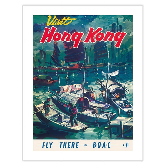 Hong Kong - Junk Boats - Hong Kong Harbor - Fly There by BOAC (British Overseas Airways Corporation - Vintage Airline Travel Poster c.1950s - Bamboo Fine Art 290gsm Paper (Unframed) 17x22in
