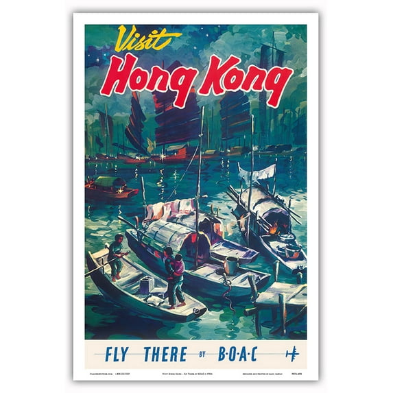 Hong Kong - Junk Boats - Hong Kong Harbor - Fly There by BOAC (British Overseas Airways Corporation - Vintage Airline Travel Poster c.1950s - Master Art Print (Unframed) 12in x 18in