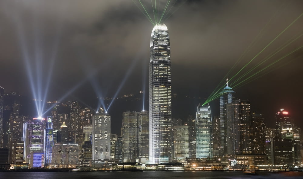 Hong Kong Light Show At Night Over Skyline Canvas Art - Elena Roman Durante Design Pics (20 x 11)