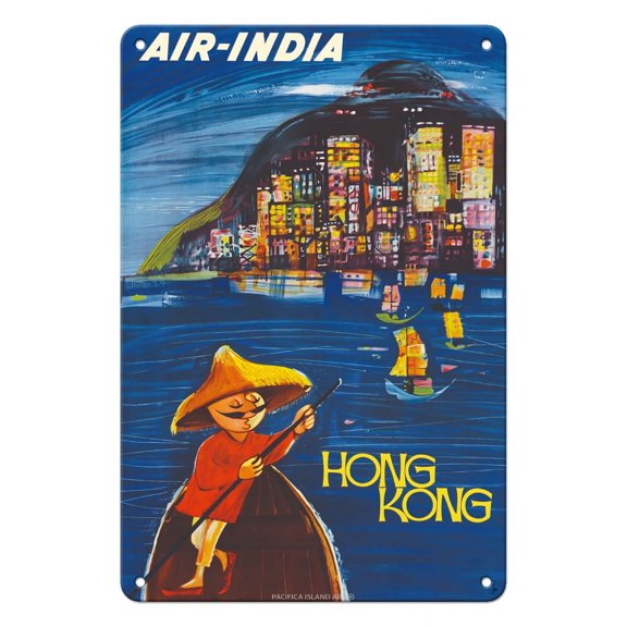 Hong Kong Maharajah - Air India - Vintage Airline Travel Poster by J. B. Cowasji c.1950s - 8 x 12 inch Vintage Metal Tin Sign