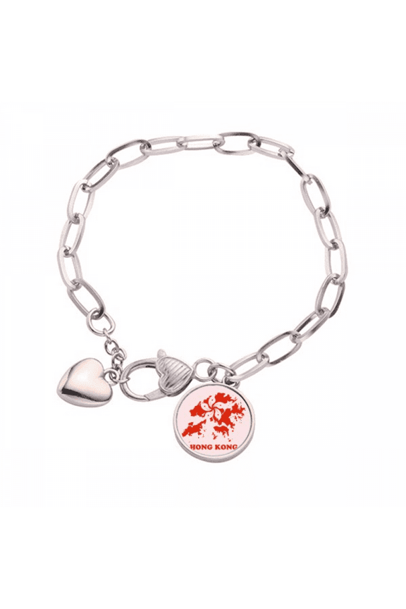 Hong Kong Map Outline Location Heart Chain Bracelet Jewelry Charm Fashion