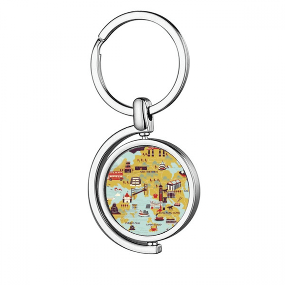 Hong Kong Map Sightseeing China Rotating Keychain Metal Keyring Holder