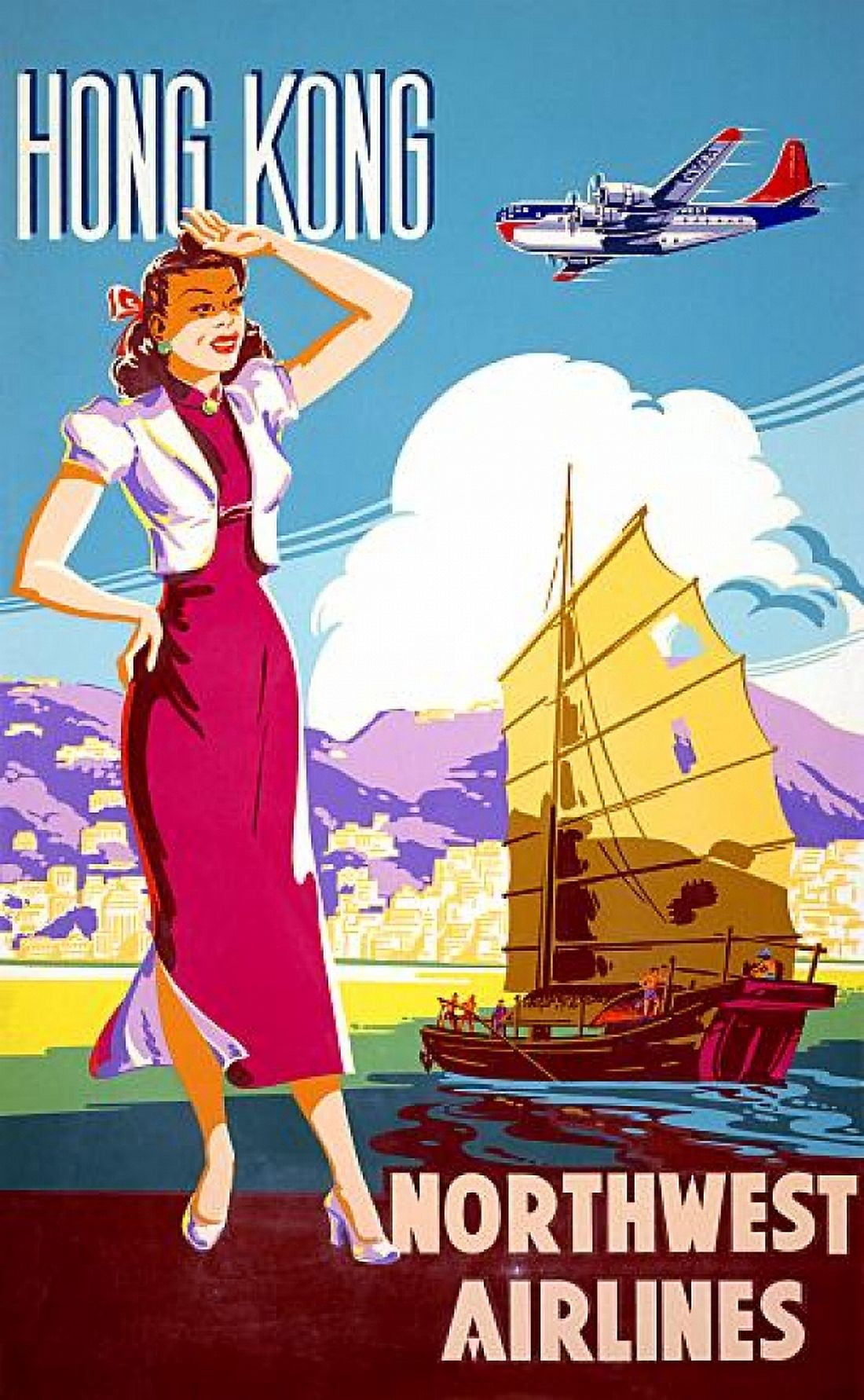 Hong Kong Northwest Airline Oriental Travel Canvas Art - (36 x 54)