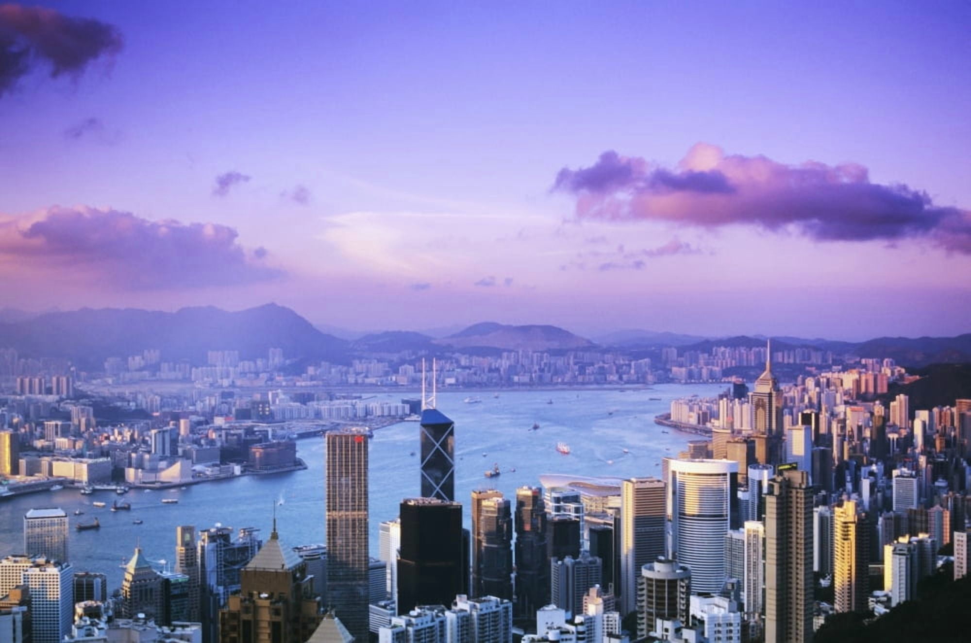 Hong Kong Overview Of Harbor And Skyline At Twilight Pink And Purple Sky Canvas Art - Richard Maschmeyer Design Pics (19 x 12)