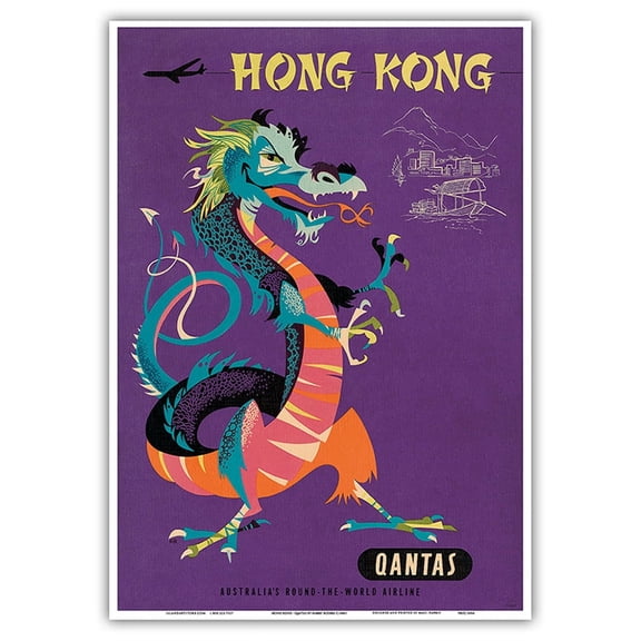 Hong Kong - Qantas Airways - Chinese Treasure Dragon - Vintage Airline Travel Poster by Harry Rogers c.1960s - Master Art Print 10in x 14in