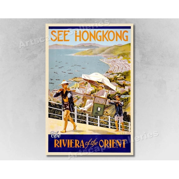 Hong Kong Riviera of Orient 1935 Vintage Style Travel Graphic Illustration, Unframed Canvas
