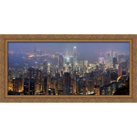 Hong Kong Skyline Cityscape 40x20 Large Gold Ornate Wood Framed Canvas Art