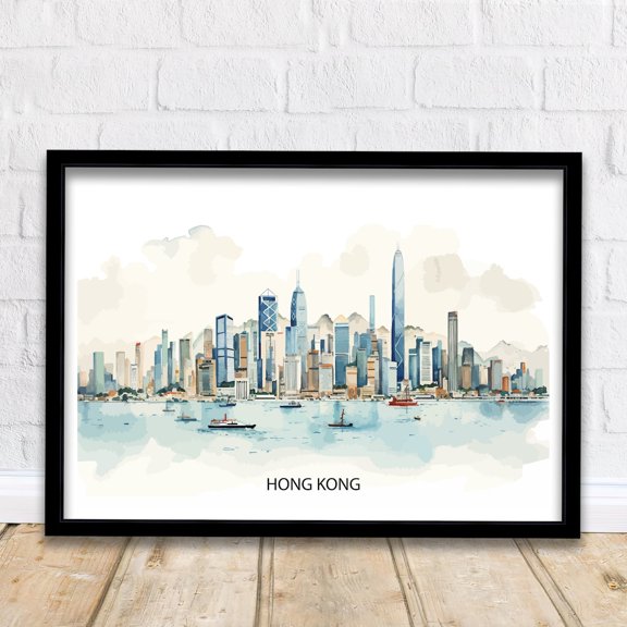 Hong Kong Skyline Print Iconic Cityscape Art Victoria Harbour Hong Kong Wall Decor Asian Metropolis Illustration Urban Landscape