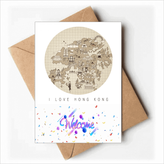 Hong Kong Traditional Map Visit China Welcome Back Greeting Cards Envelopes Blank