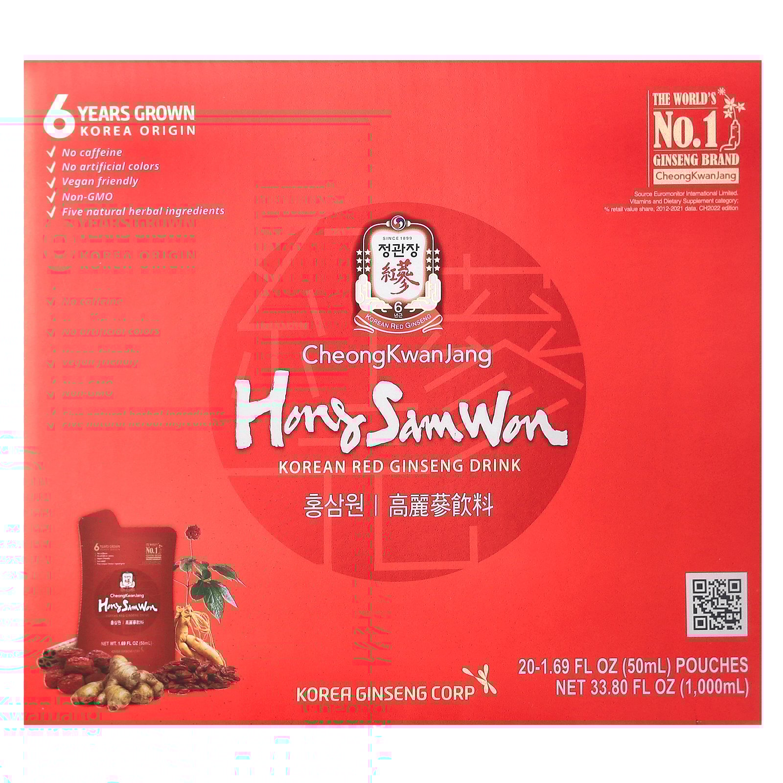 Hong Sam Won Korean Red Ginseng CheongKwanJang Hong Sam Won Korean Red Ginseng Drink - 20 Pouches with