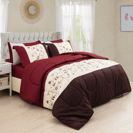 Hong and Arts Inc. Bed in a Bag Soft Fluffy Goose Down Alternative Printed Comforter Set Includes Sheet Set, Modern Burgundy Cosmos Floral Pattern