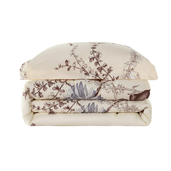 Hong and Arts Inc. Home Decor Soft Luxury Fluffy Goose Down Alternative Bedding Printed Comforter Set, Blue Chrysanthemum Floral Cream Base Cream,