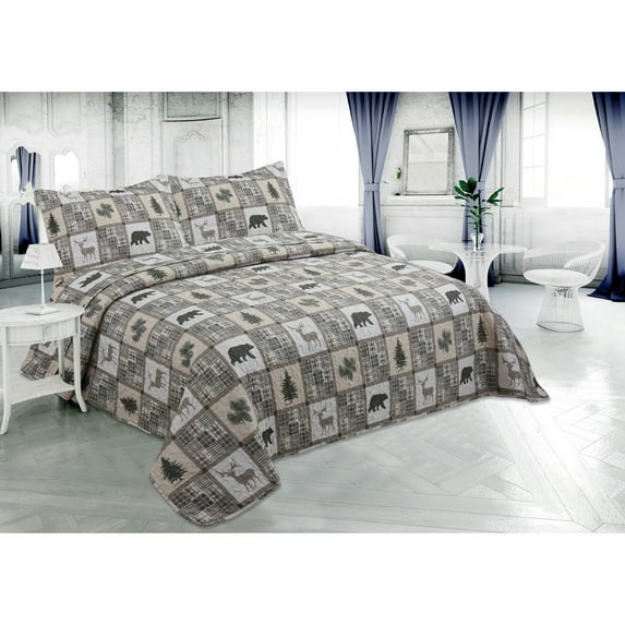 Hong and Arts Inc. Marina Decoration Rich Printed Stitching Coverlet Bedspread Soft Summer Bedding Quilt Set, Cottage Taupe Bear Deer Tree Plaid