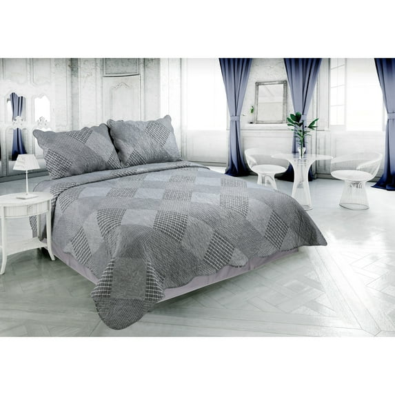 Hong and Arts Inc. Marina Decoration Rich Printed Stitching Coverlet Bedspread Soft Summer Bedding Quilt Set, Grey Modern Grid Stripes Plaid Grey,