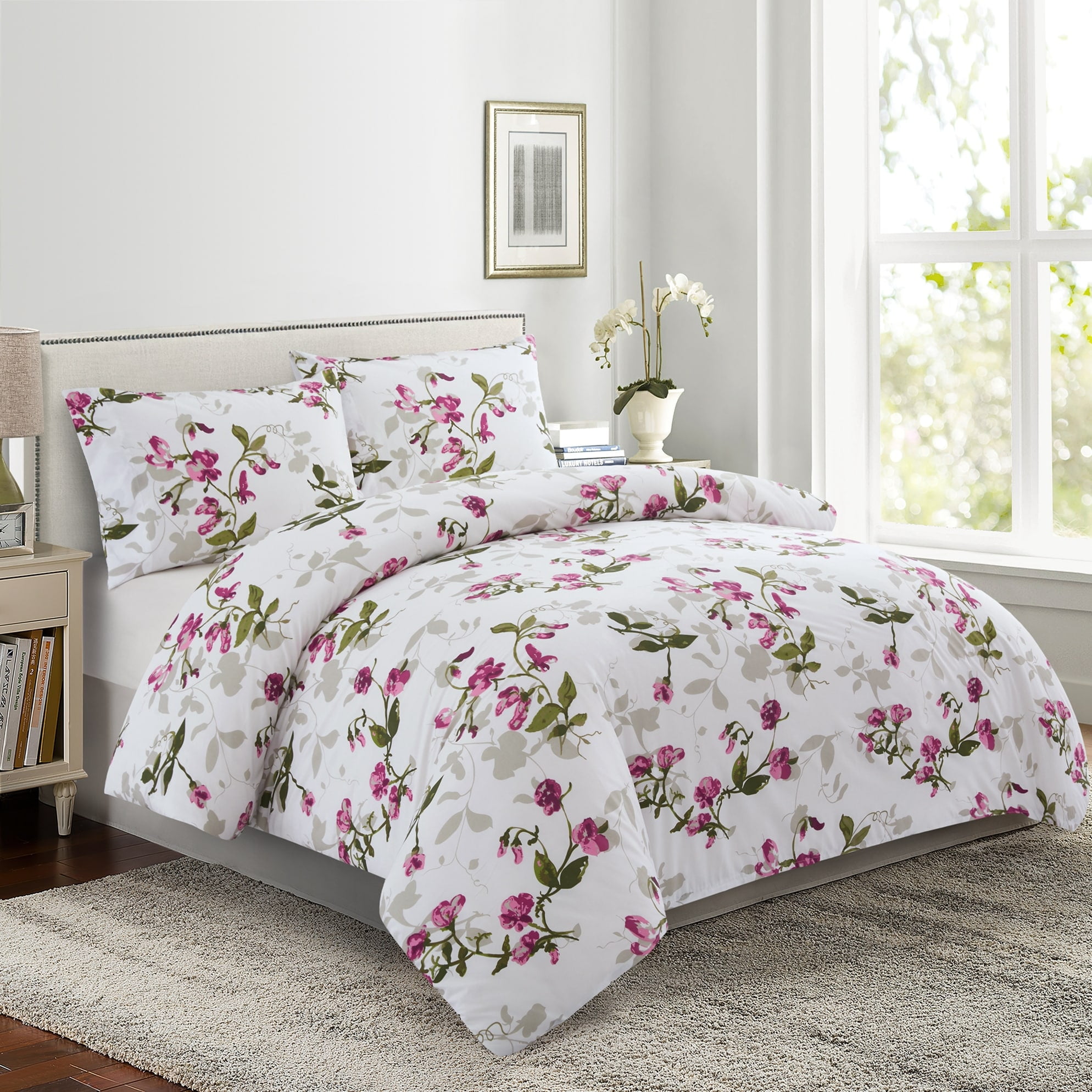 King Size Pink Floral Rayon Bamboo Duvet Cover Set